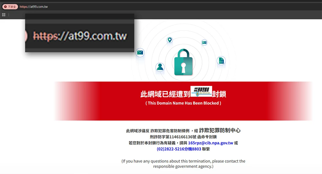 AT99 遭刑事警察局封鎖截圖-2026最新｜at99.com.tw 紅色告示頁｜函令編號 刑詐防字第 1146166136 號