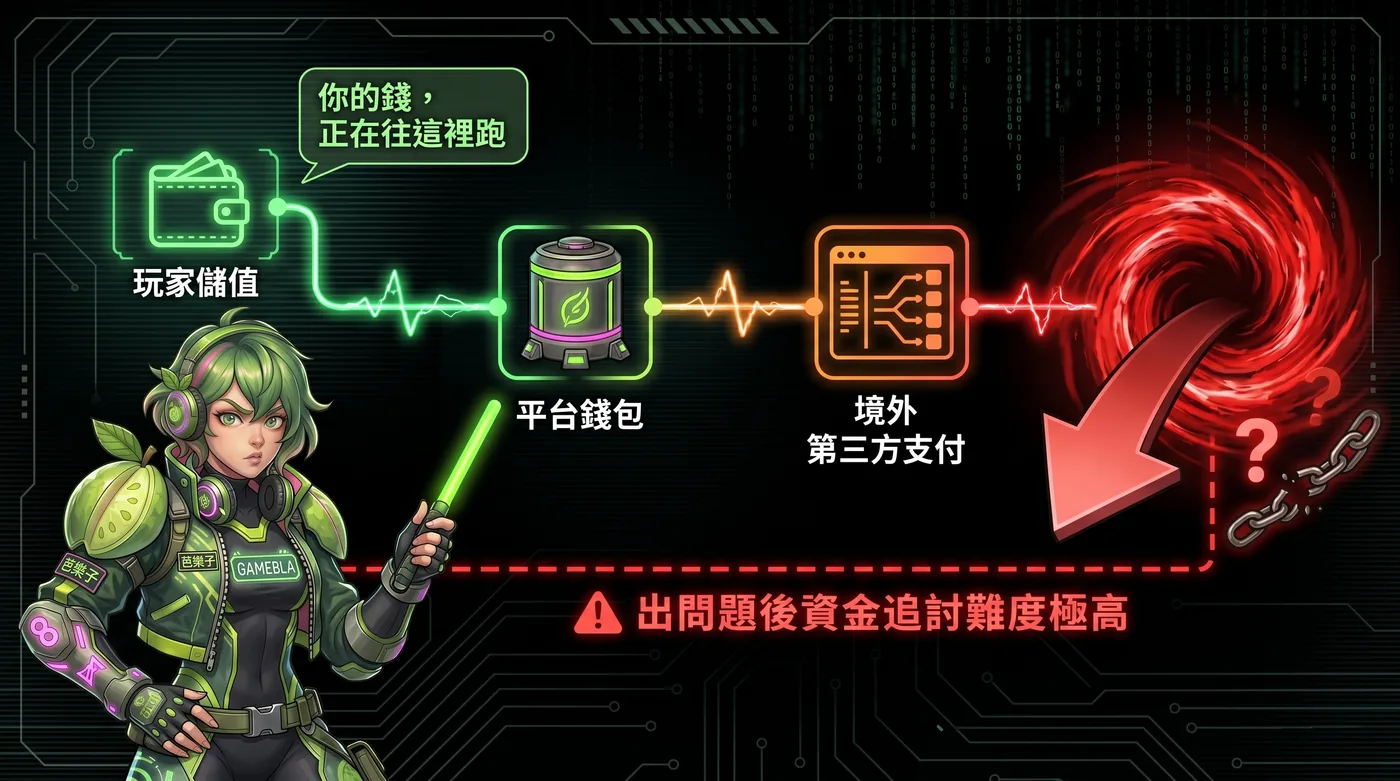 AT99 玩家資金流向分析：已儲值資金 → 平台錢包 → 境外第三方支付 → 事後追討難度極高