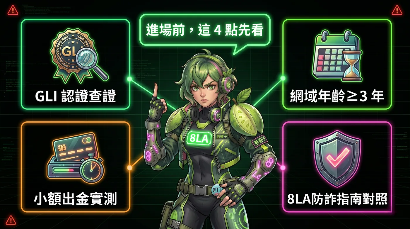 芭樂子 4 大自查點：GLI 認證 / 網域年齡 / 出金實測 / 8LA 防詐指南對照
