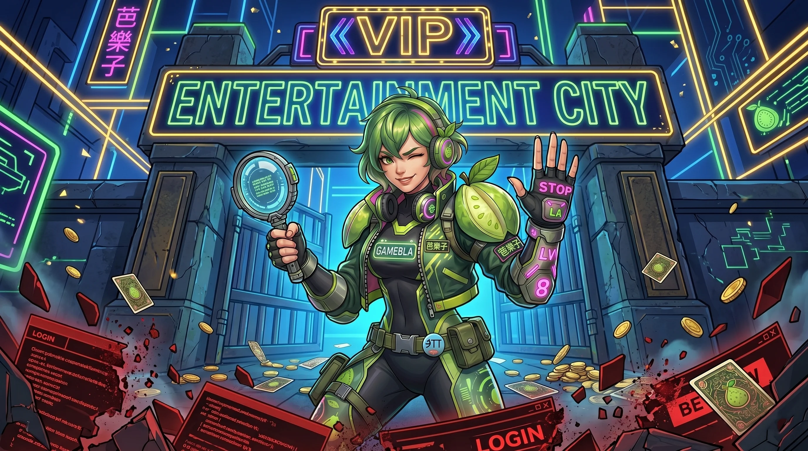 芭樂子站在娛樂城大門前，手持放大鏡做出停止手勢