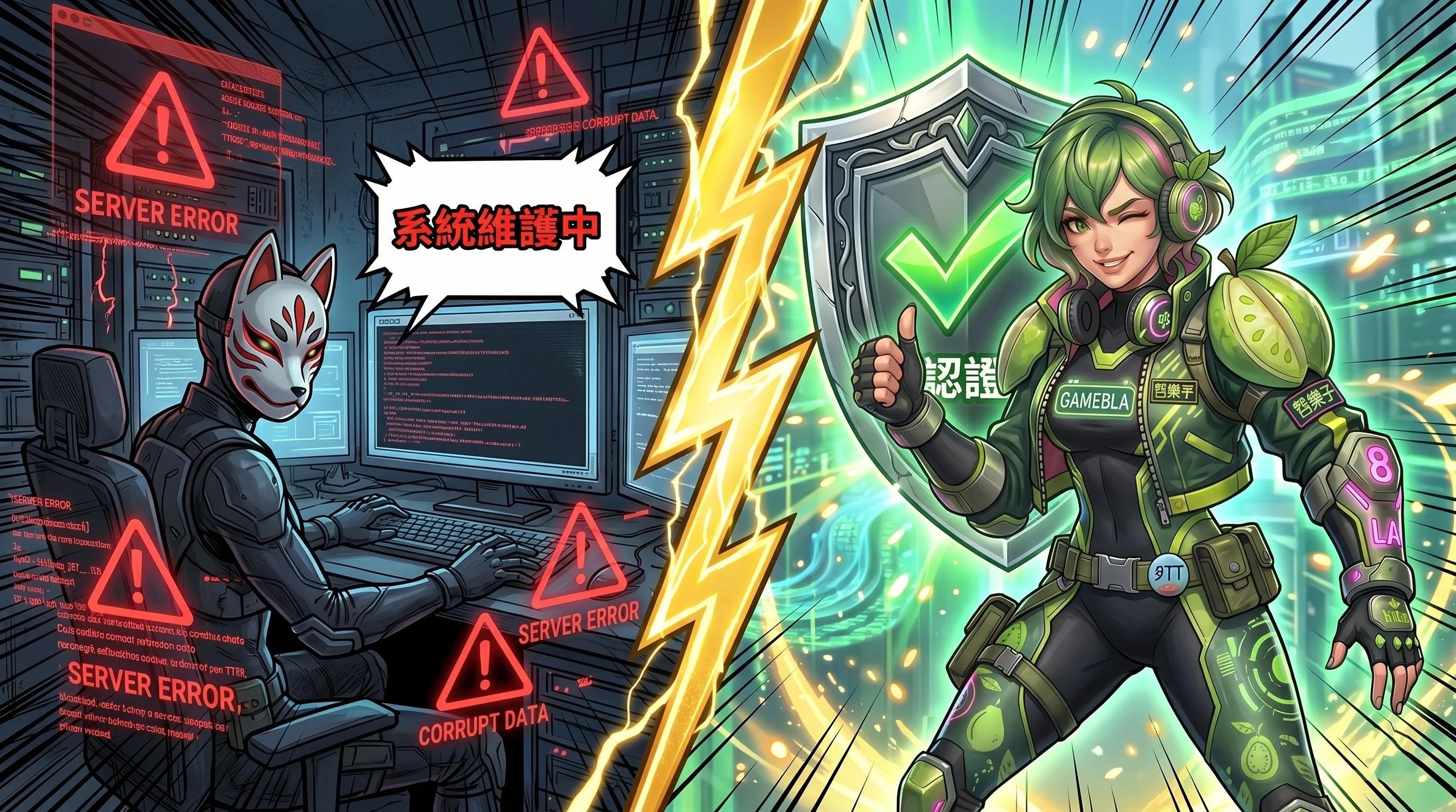 左邊戴面具狐狸客服說系統維護中，右邊芭樂子拿盾牌比讚