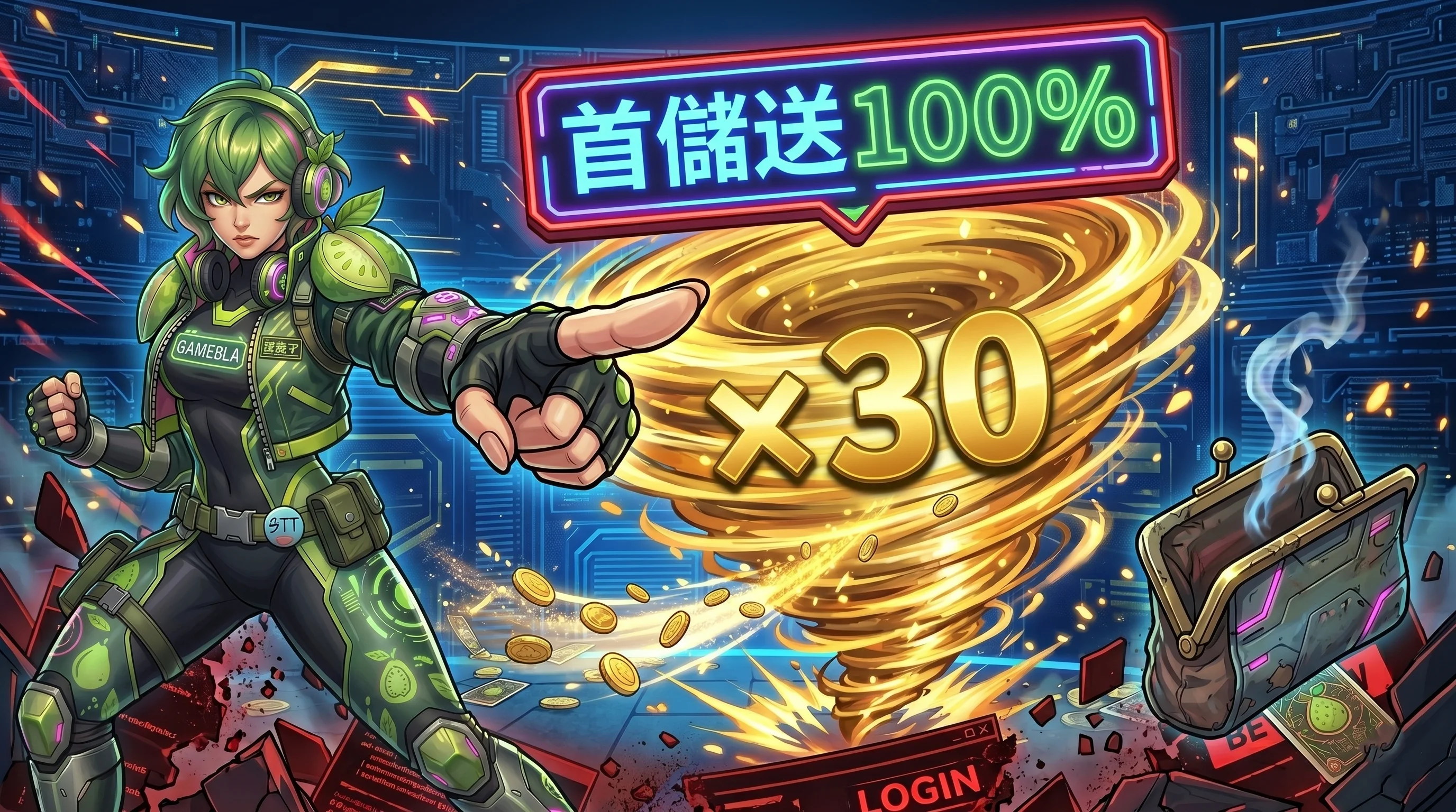 芭樂子指向×30流水漩渦，金幣被吸走，旁邊是首儲送100%霓虹招牌和空錢包