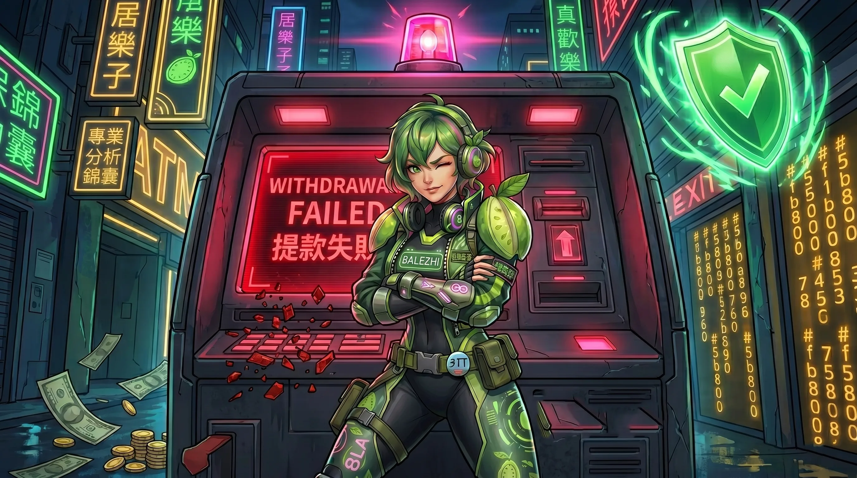 芭樂子站在提款失敗的ATM前面，雙手抱胸，表情冷靜自信，背景是霓虹都市街道