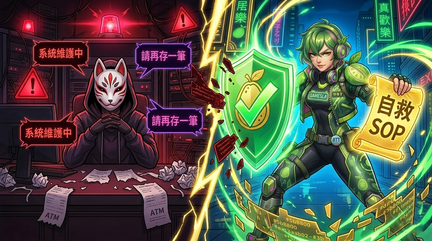 左邊狐狸面具黑網客服說系統維護中請再存一筆，右邊芭樂子拿盾牌和自救SOP清單