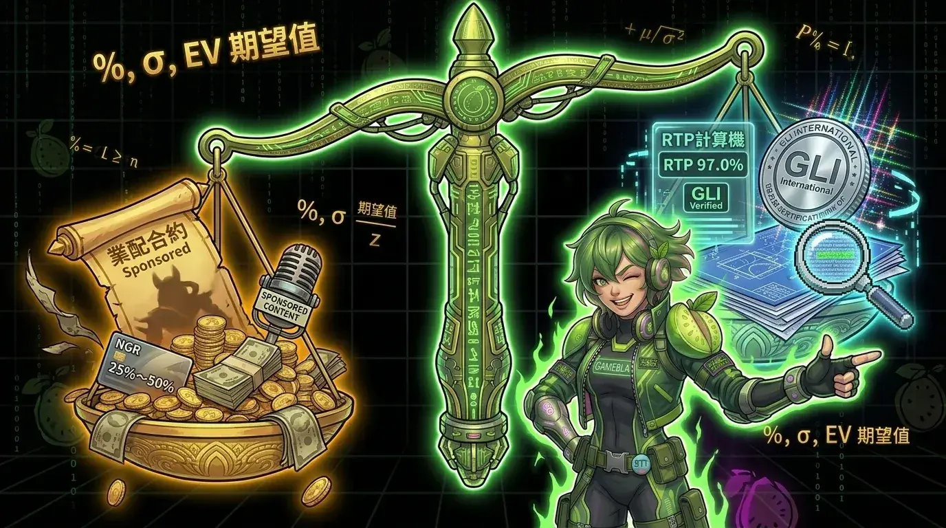 天秤兩端：一邊是娛樂城金幣堆、一邊是數學公式與 GLI 認證，芭樂子選擇數據那端